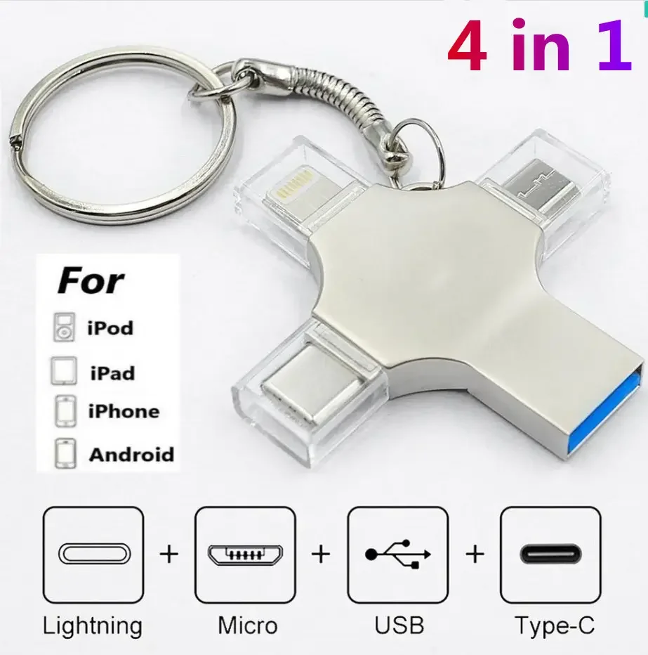 4 In 1 Metal Otg 32 64gb 128g  256g 512g memoria High Speed Fast Type-C USB Flash Drive Stick Pendrive For Iphone Android