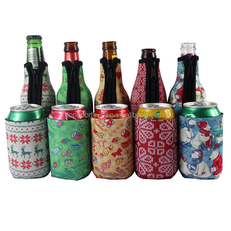 Full Sublimation Zipper Closure Neoprene Beer Bottle Holder Christmas Beer Bottle Insulator Sleeve