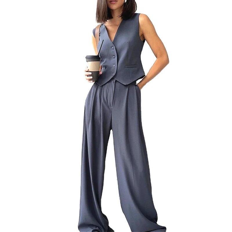 B810 Latest Design Two Piece Set Women Clothing Office Ladies Suit Waistcoats Wide Leg Pants Set 2 Piece Outfits for Women Satin