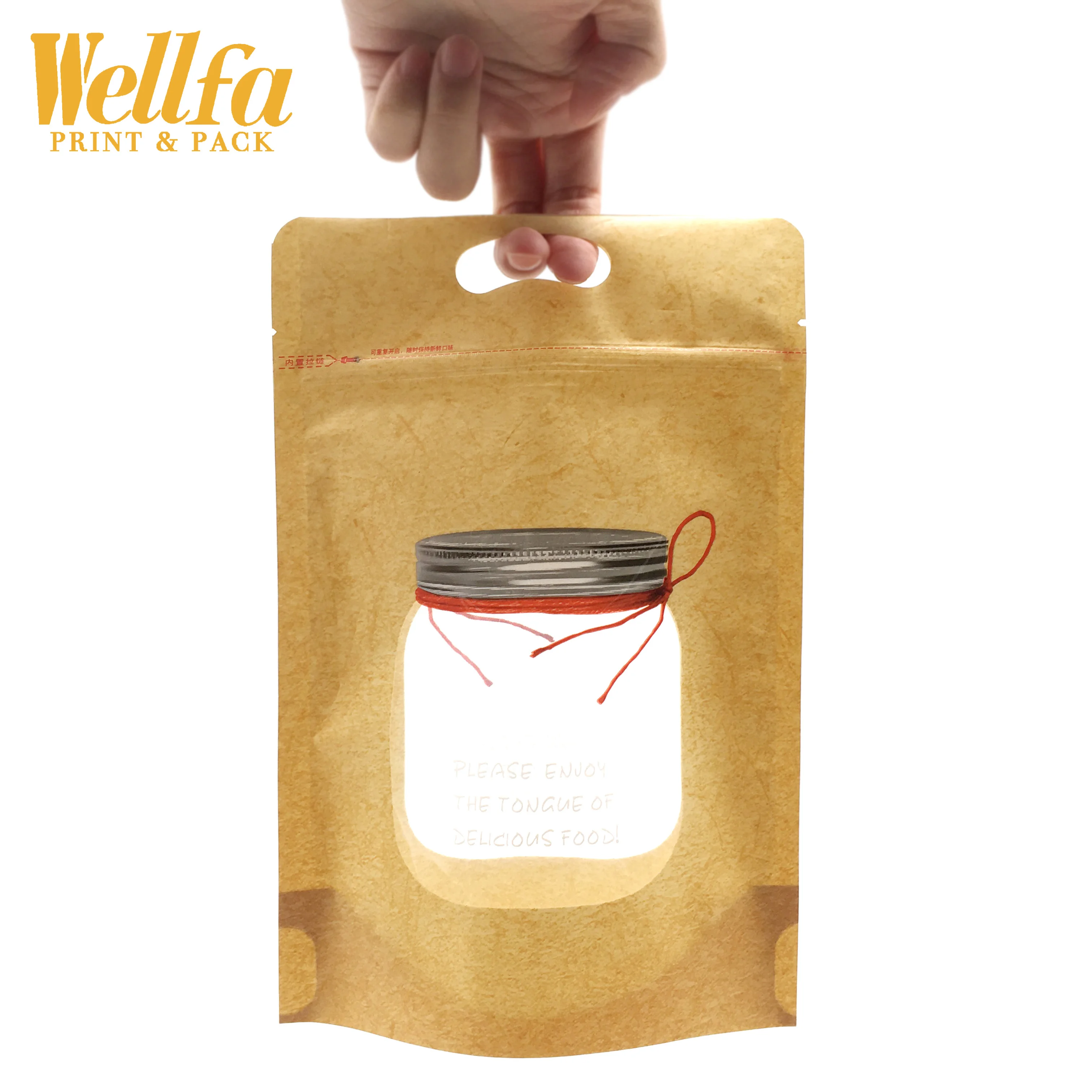 OEM Factory Custom Print Transparent Bottle Shape Stand Up Kraft Paper Zipper Stand Up Kraft Paper Pouch Bag With Window