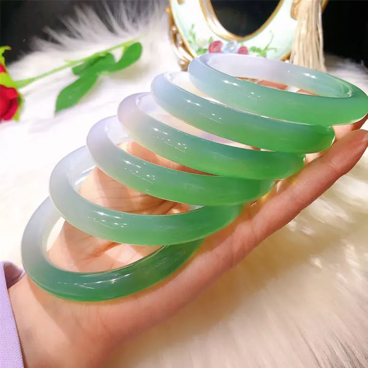 4-10mm Natural Brazilian Agate Bangle Half Mountain Half Water White Green Chalcedony Jade Healing Bracelets Bangles for Women