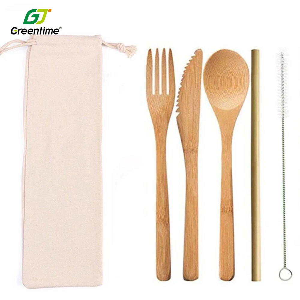 Customized Logo Wood Spoon Fork Knife Straw Biodegradable Bamboo Disposable Cutlery Set With Packs For Party Travel Utensils