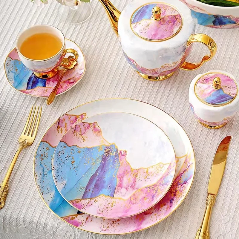 luxury custom printed gold charger plates bone china ceramic plate dinnerware pink gold plate hotel use for wedding
