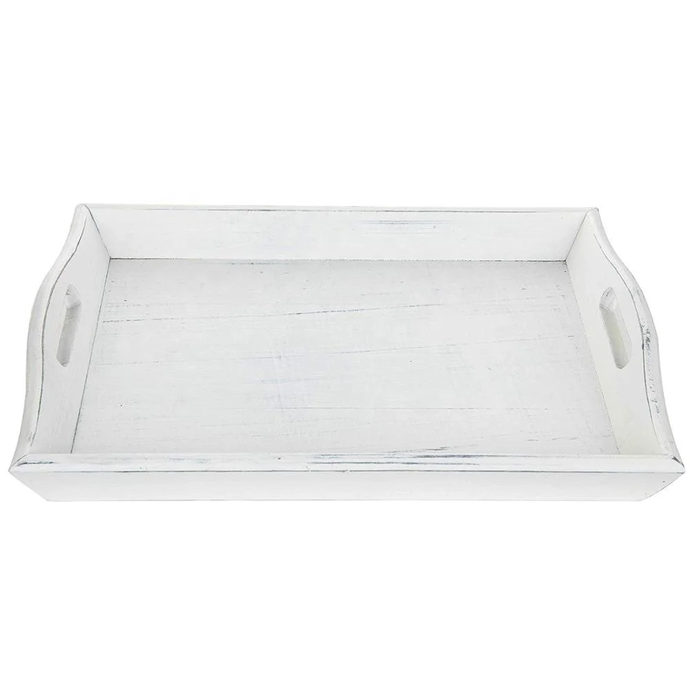 
Ottoman Tray 16-Inch Rustic Wooden Serving Tray With Handles Vintage White (IBEI hotsale product) 