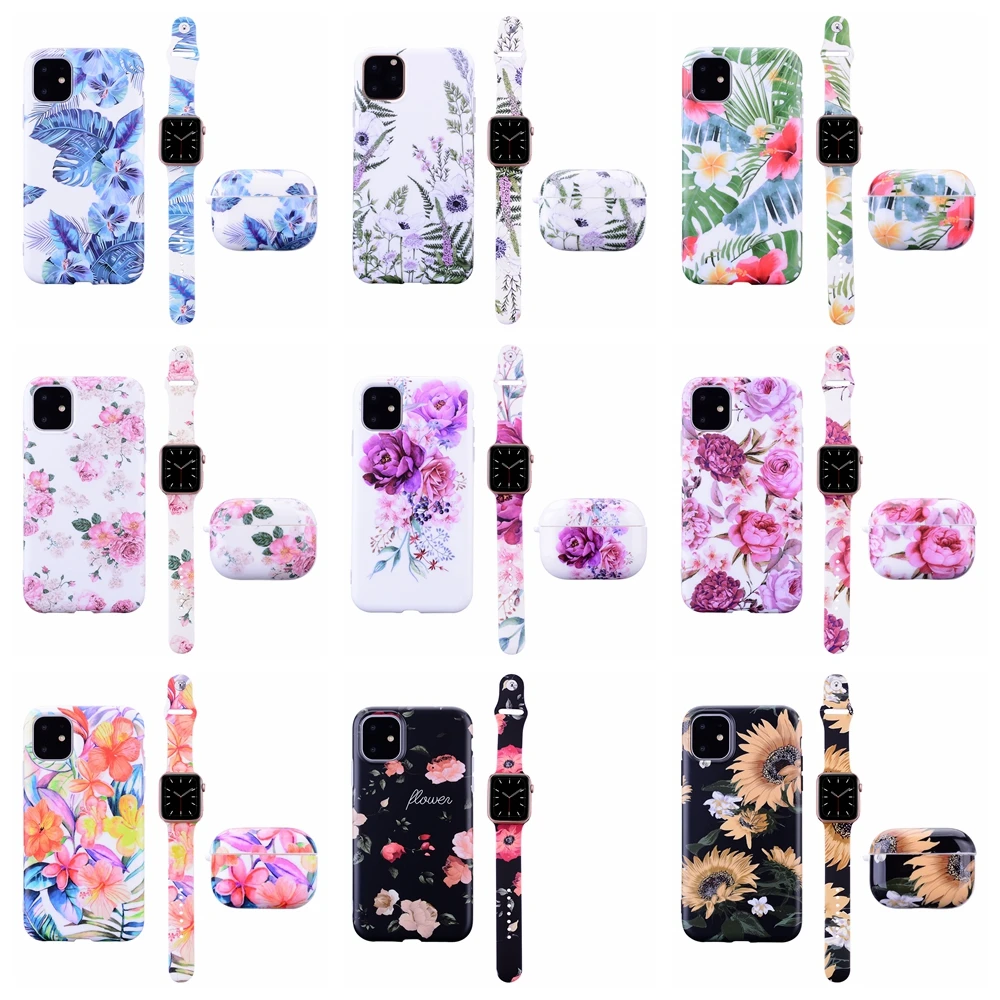 HOT 2021for Airpod Case and Phone Case for Series 4 Band Match for 2 3 for iPhone 11 7 8 Plus Flower Print Cases