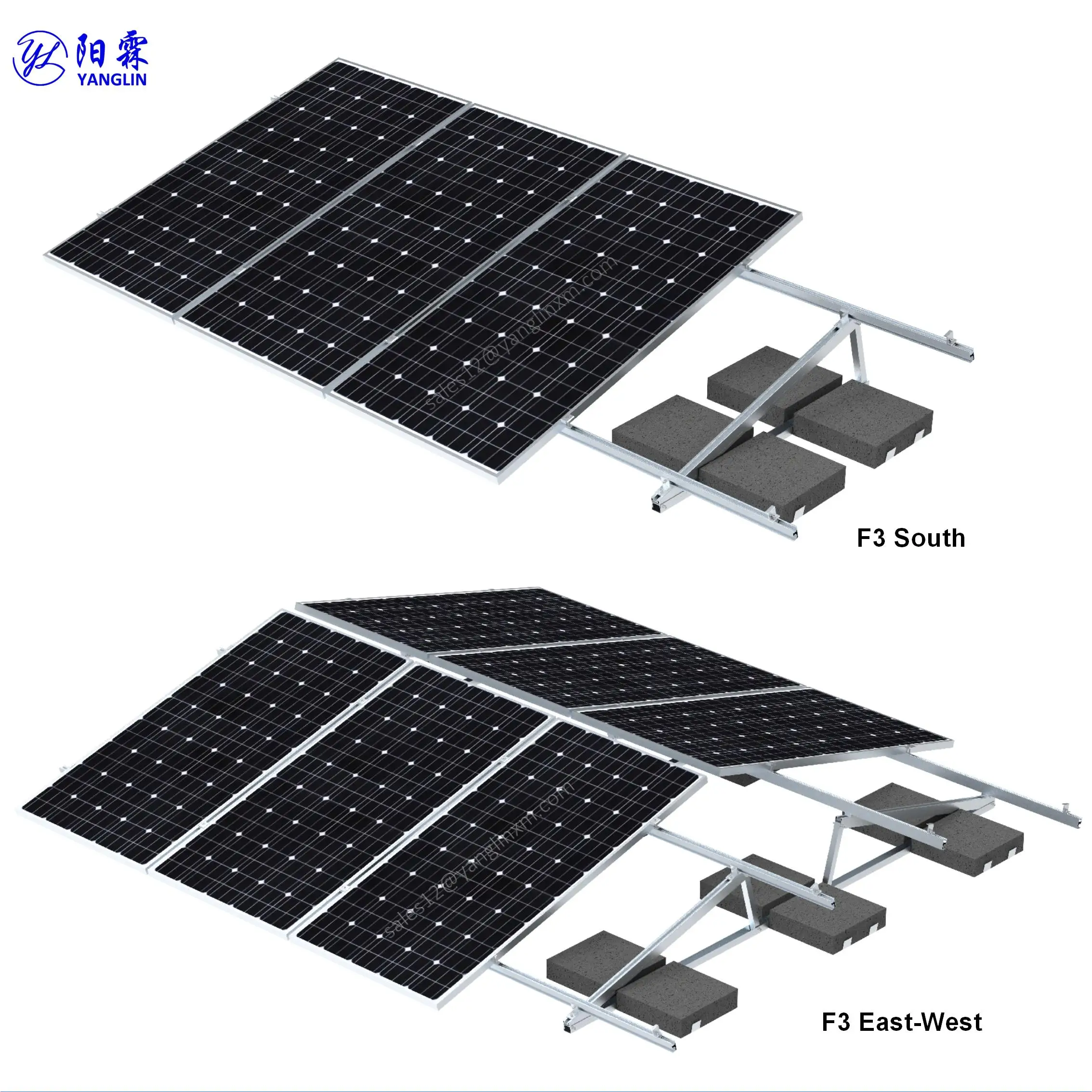 Ballast mounting triangular brackets for portrait solar panel array on flat rooftop