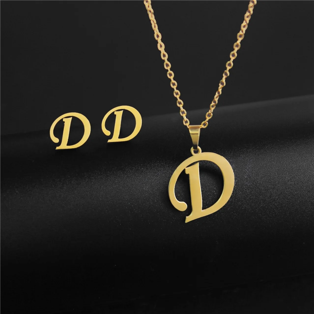 18 K Gold English letters A to Z Stainless Steel Pendant Clavicle Chain Necklace Earring Set