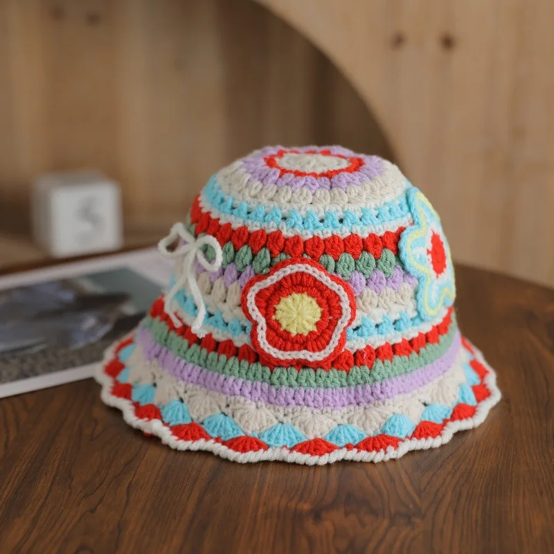2025 Bright Color Striped Floral Bow String Patched Hand Woven Braided Crochet Young Ladies Novelty Gifts Fancy Knit Bucket Hat