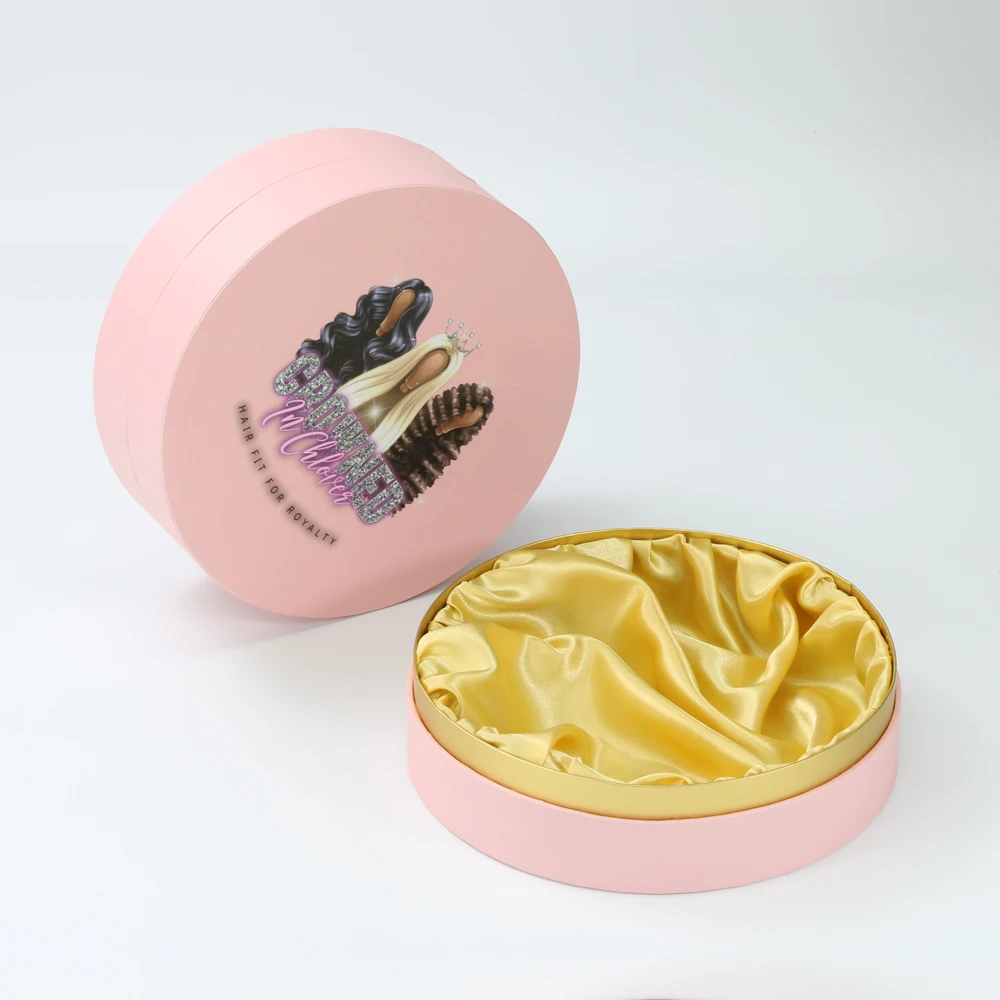 Luxury Custom Round Shape Rigid Paper Gift Box For Hair Extension Packaging With Satin Inside