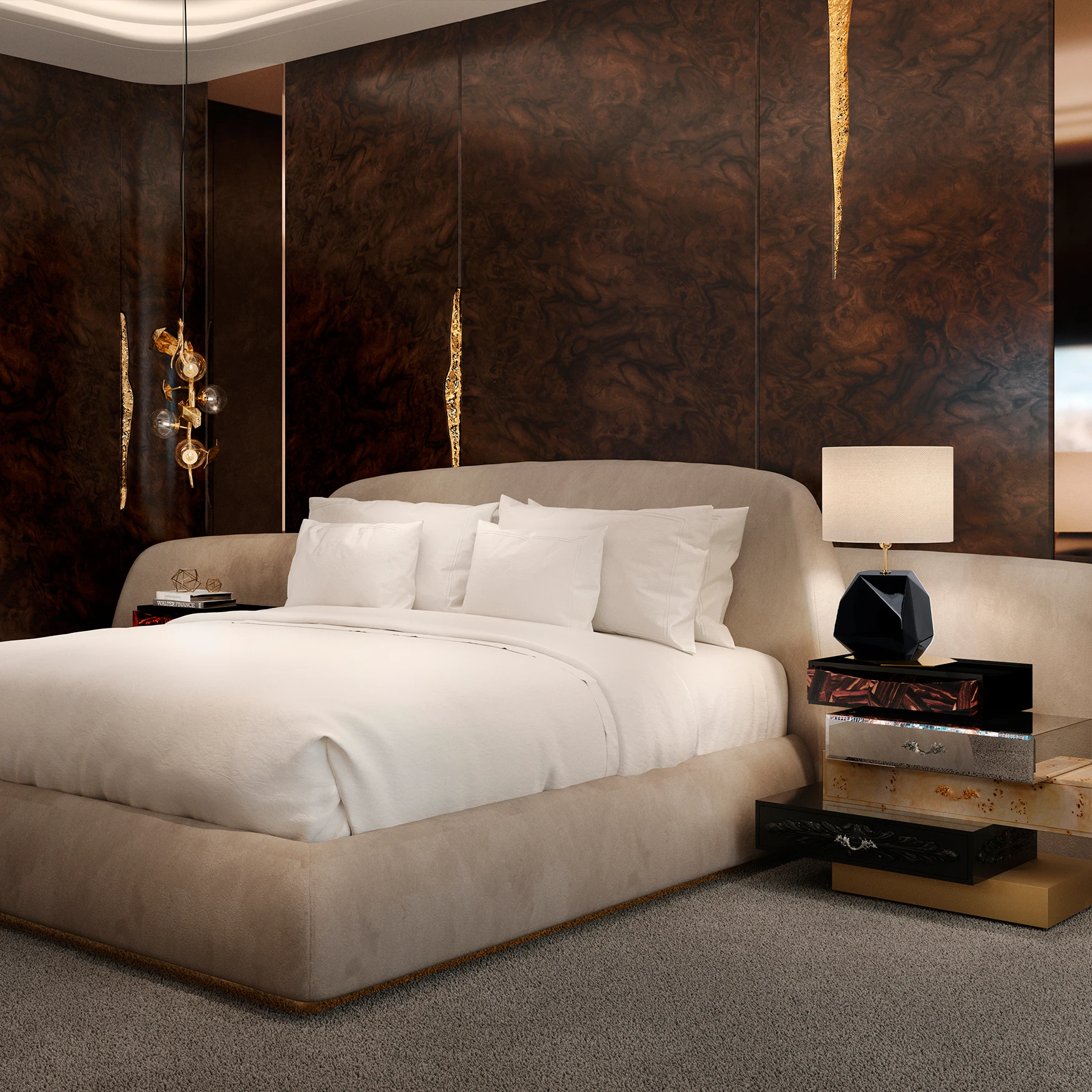 Luxury italian bedroom With big Headboard set furniture king size Modern Double size Wooden Frame Soft Bed