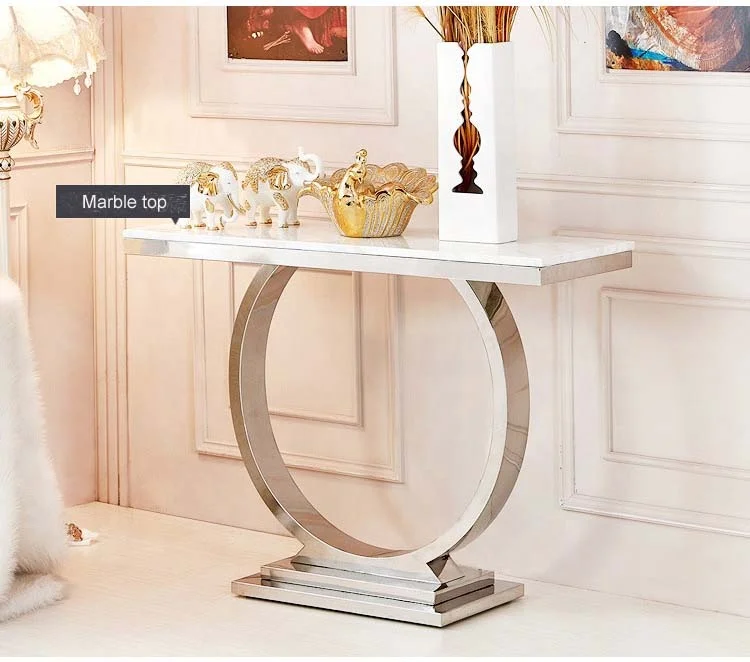Luxury stainless steel console table set marble top for living room furniture side table