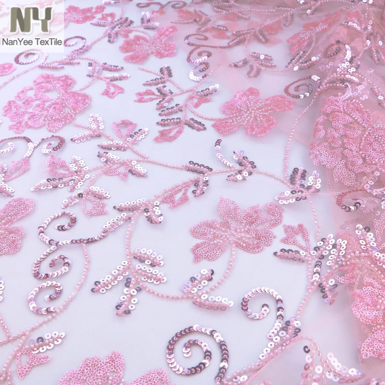 Nanyee Textile Luxury African French Lace Embroidery Light Pink Floral Beads Fabric For Dress