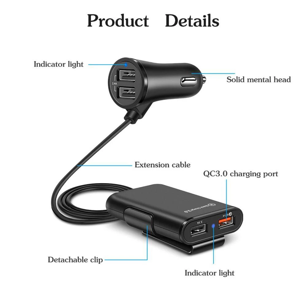 4 Port USB Car Charger Quick Charge QC3.0 5.6ft Extension Cable For iPhone 12 Xiaomi Mobile Phone Driving Recorder Fast Charging
