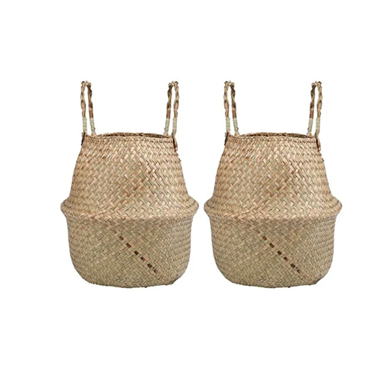 2 pack cheap natual woven seagrass plant shelf pot beach bag grocery picnic basket set