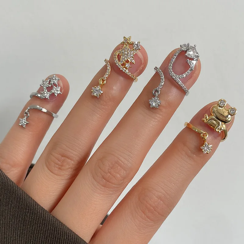 Trendy nail rings finger Crystal Glitter Nail Tips Shiny Crystal Ins Fingertip Exquisite Opening Star Wigs Frog Adjustable Ring