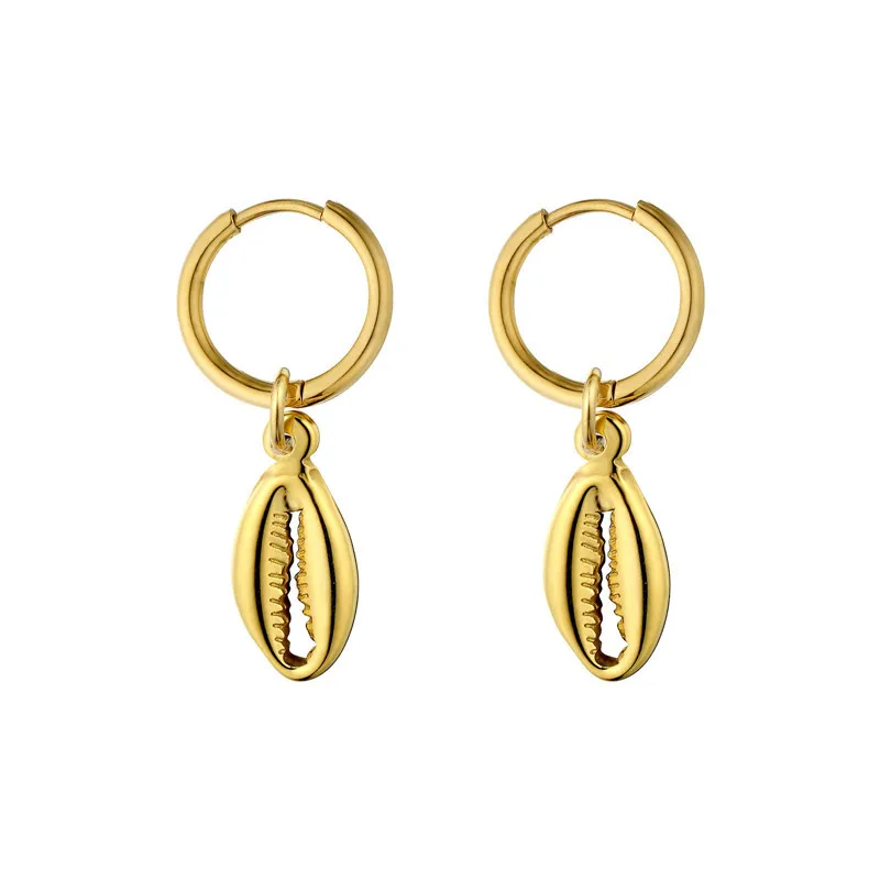 Stainless Steel Shell Pendant Earrings Dangle Drop Gold Hoop Earrings for Women Fashion Lady Best Gift