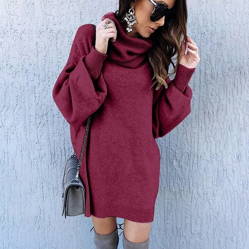 Solid  turtleneck long sleeve sweater dress women autumn winter loose tunic knit pullovers sweater casual knitted dress