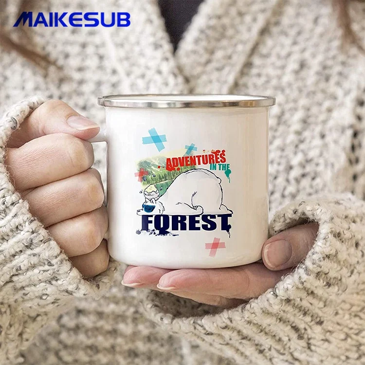 Sublimation Blank White Enamel Mug 12 OZ with Silver Rim Camping Travel Coffee Metal Mug for Christmas Thanksgiving Day