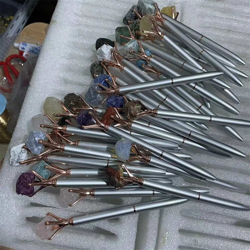 Wholesale natur carv gemstones Golden Silver Metal Pen Handmade Crystal Crafts Natural Stone Raw Crystal Pens for gift