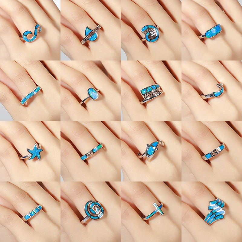 XYOP True 925 Sterling Silver Opal Ring Geometric Design Blue Synthetic Opal lucky Ring Fashion Trend
