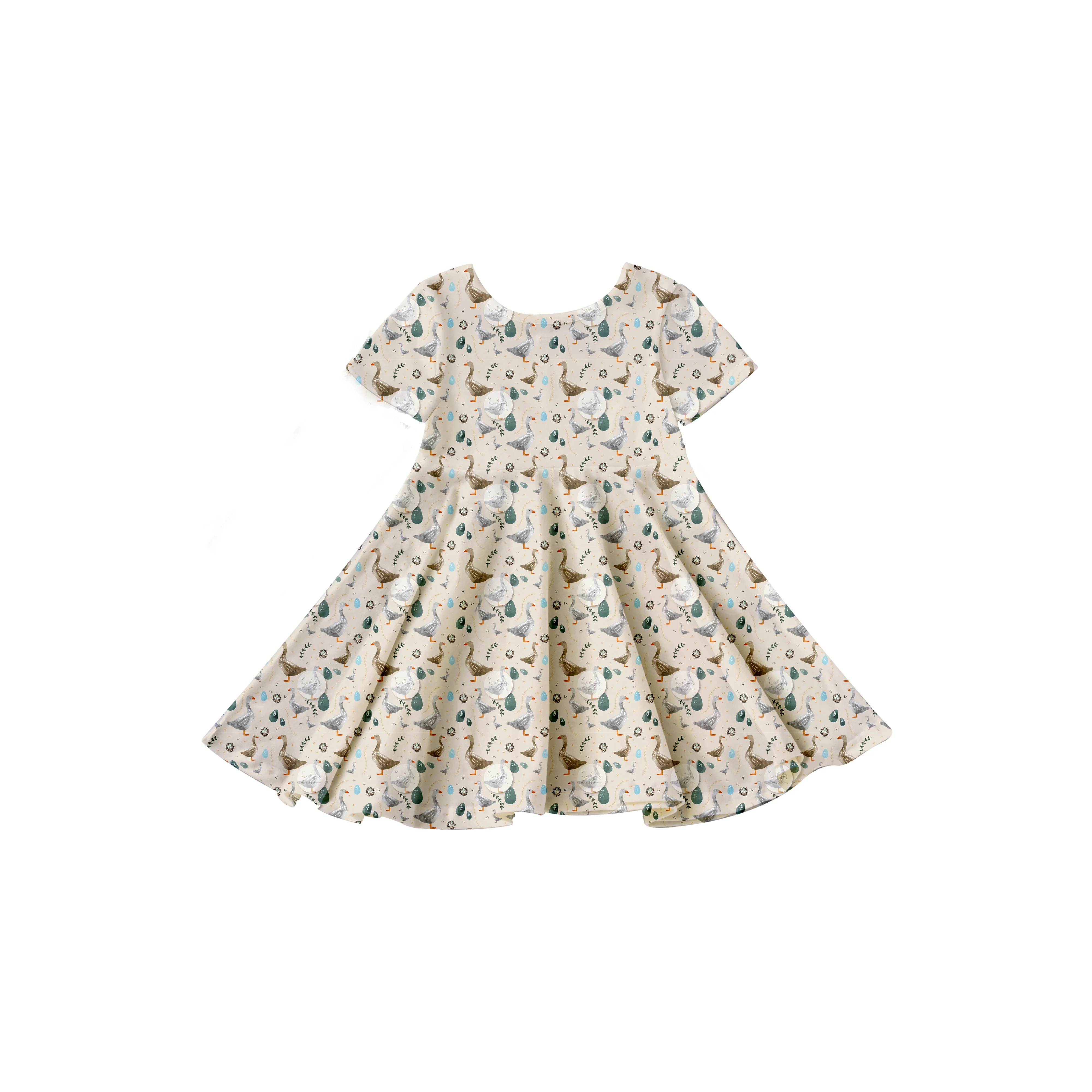 Girlymax 2023 Spring & Summer Casual Goose Farm Life Printing Short Sleeve Knee Length Baby Girls Dresses