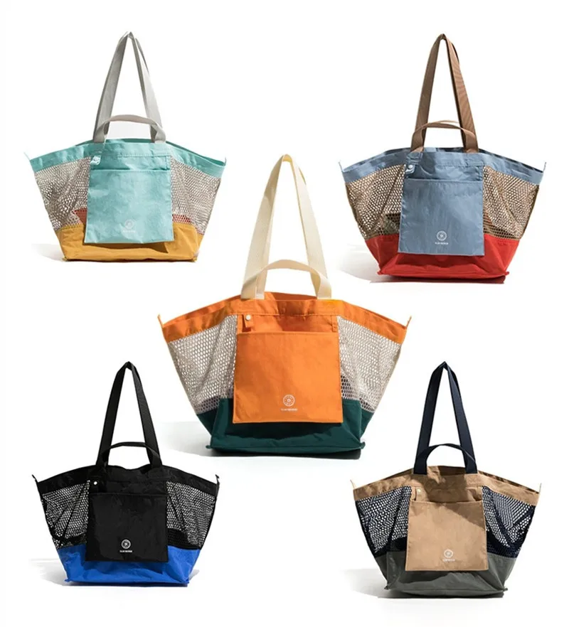 2024 Summer Custom Beach Accessories Ladies Big Comfort Nylon Foldable Mesh Tote Bag with Pockets Fashion Style