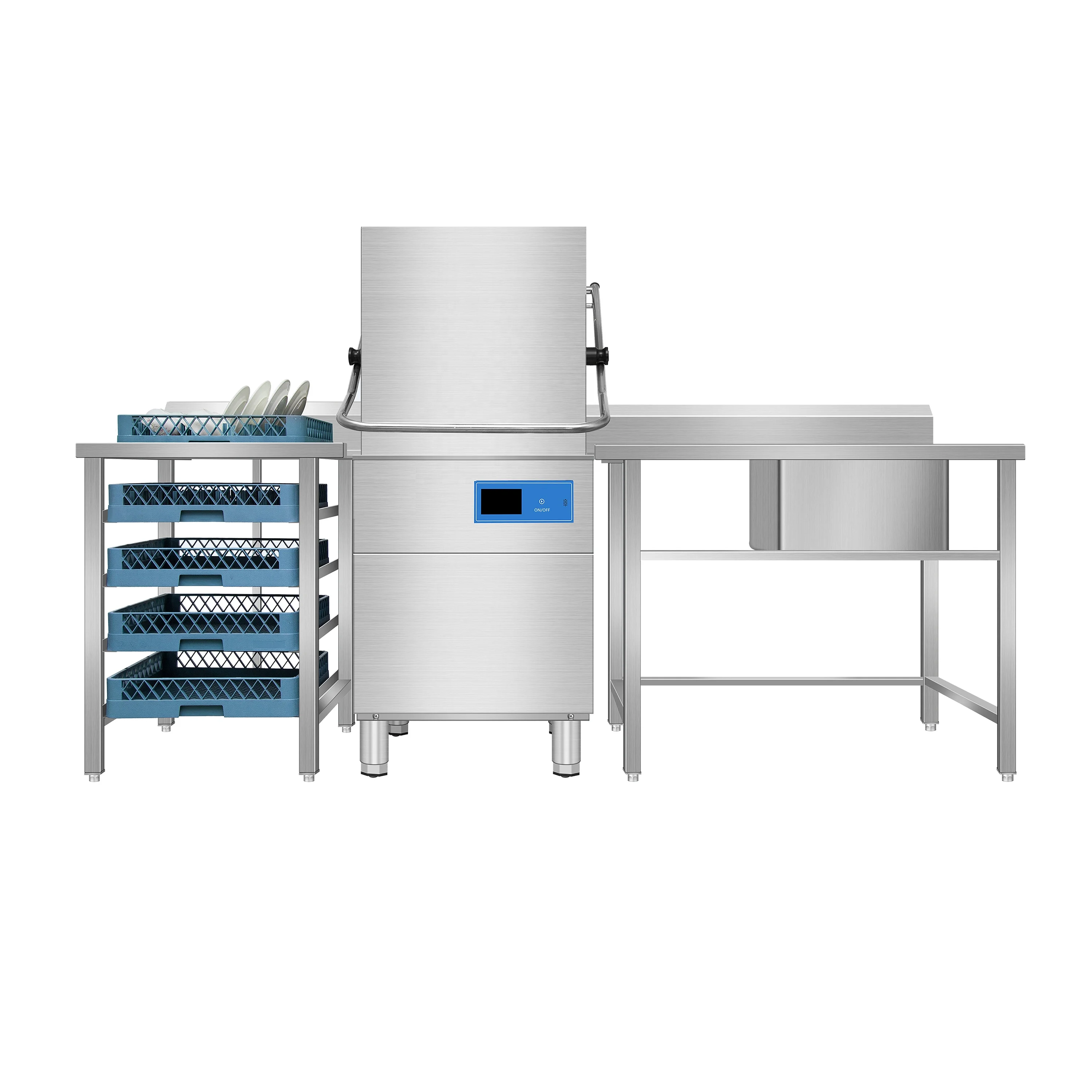 Fully Automatic Hood Type Dishwasher Electric Power Source Stainless Steel Housing Freestanding for Hotels