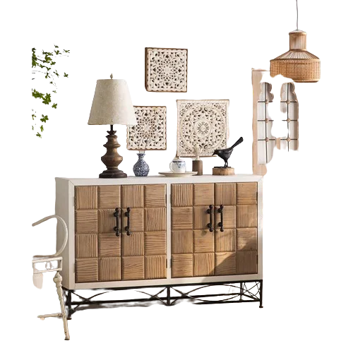 Nordic Farmhouse Style Retro Living Room Cabinet Solid Wood Antique Furniture With 2 Carving Door