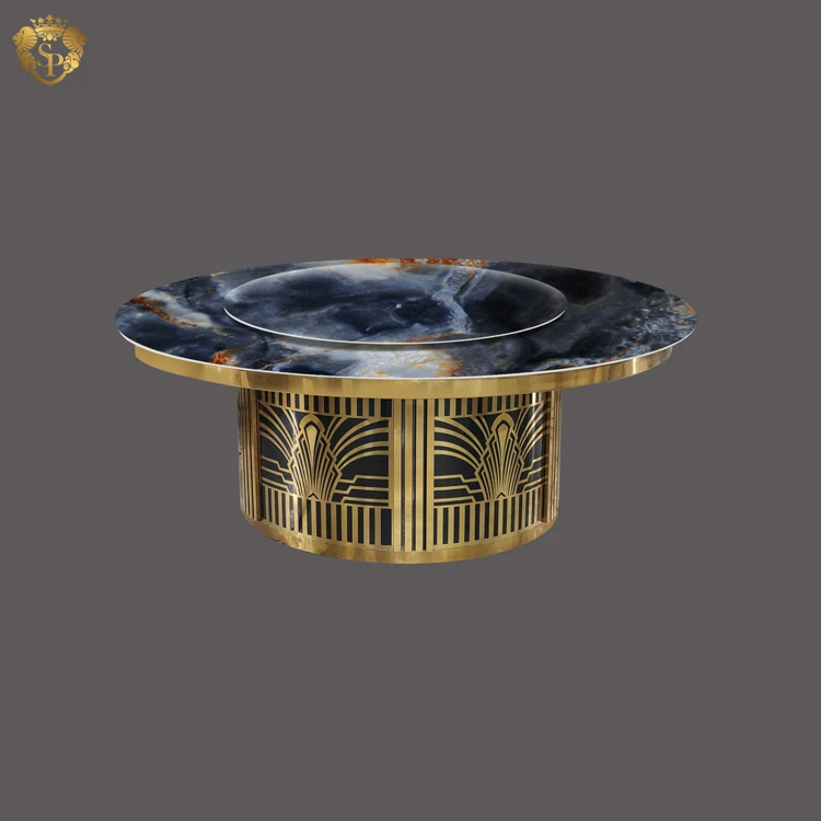 Designer home interior big circular custom dining room tables black modern luxury golden stainless steel dining table