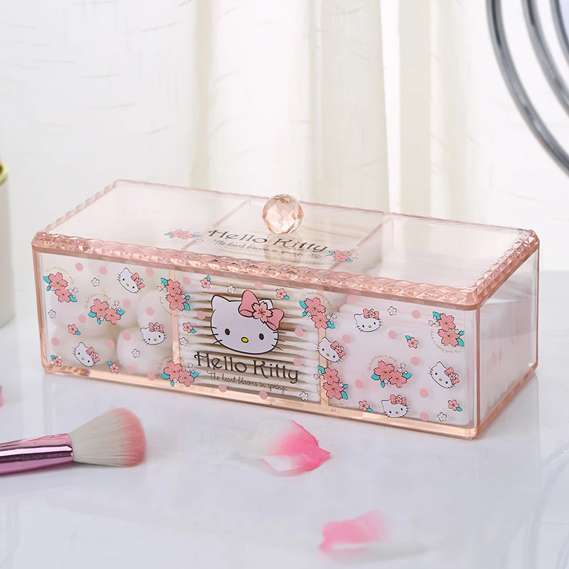 Hello Kitty PS small jewelry cosmetic storage box bath cotton swab pads box plastic makeup organizer with detachable cover