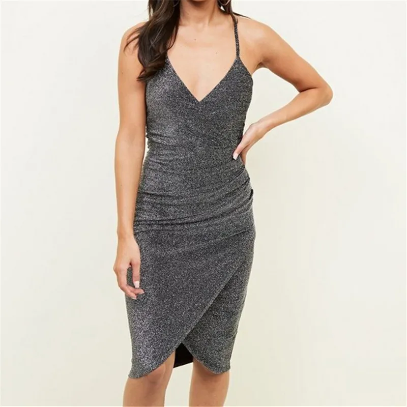 Shoestring ремни V шеи Ruched сторона блеск обёрточная бумага Bodycon платье