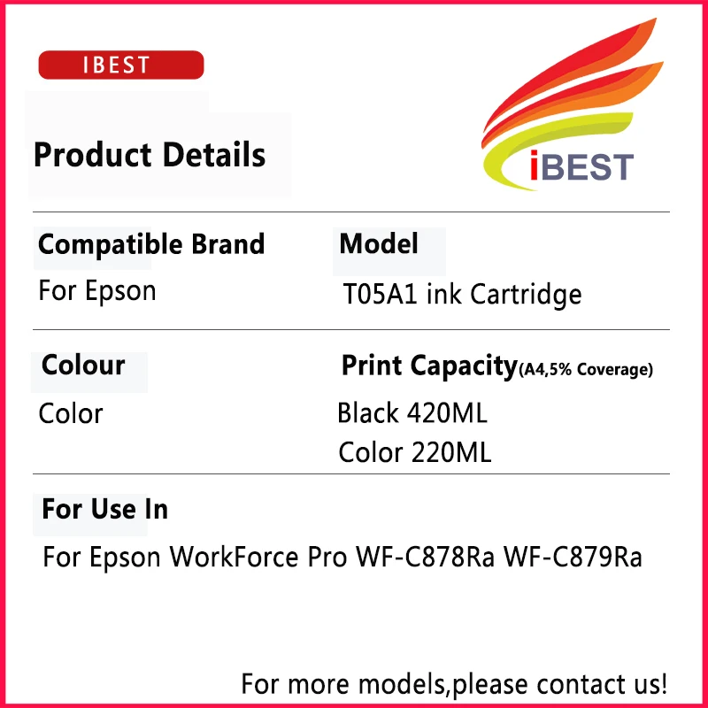Совместимость для Epson T05A1 T05A2 T05A3 T05A4 чернильных картриджей рабочей силы Pro WF-C878Ra WF-C879Ra струйный