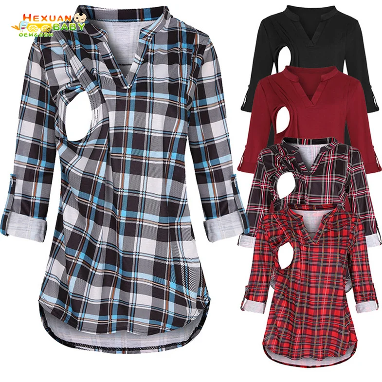 2021 Pregnancy Nursing Mom 3/4 Sleeve Plaid Print Loose Tshirt With V Neck For Maternity Breastfeeding Women Clothes Shirt