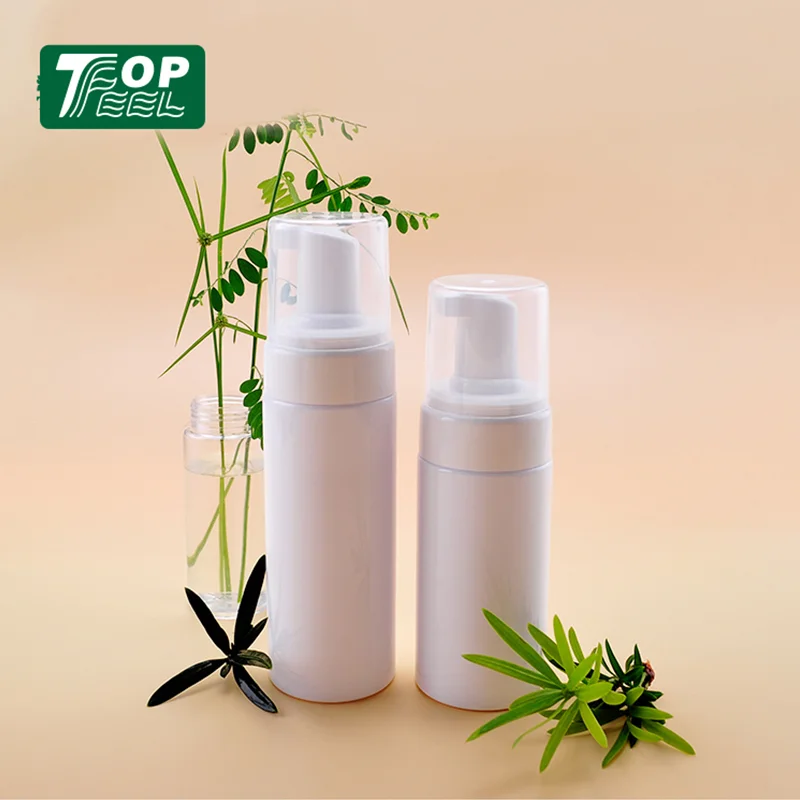 Cute white round shape cosmetic PET plastic foaming bottle with pump 100ml 150ml 200ml