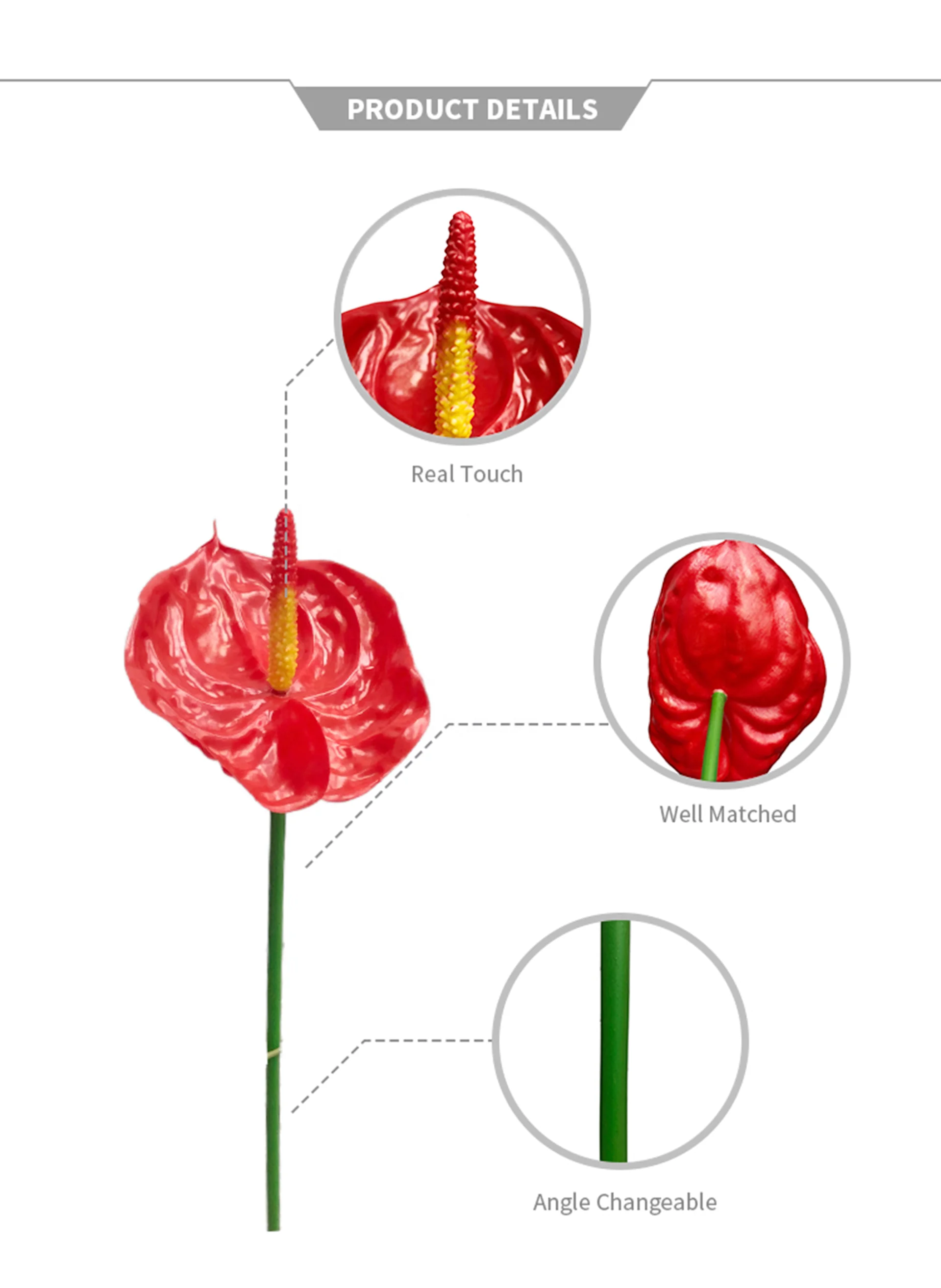 Real Touch Soft Pvc Eco-fashion Anthurium Artificial Flower Manufacturer