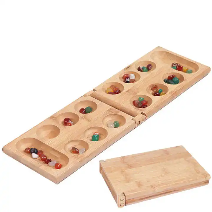 2024 Manufacturer Direct Sale Wooden Mancala Family Board Game Toys Children Adult Strategic Puzzle Glass Gem Chess Games Plate