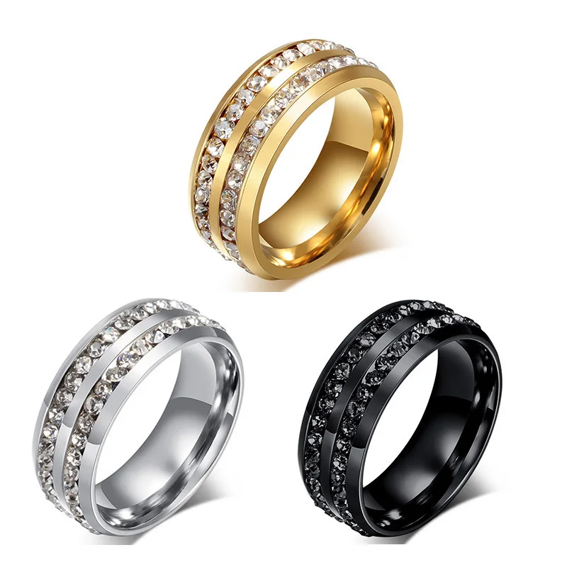 Wholesale 8mm Black Gold Silver Stainless Steel Zircon CZ Eternity Rings Double Channel Diamond Rings for Women Men