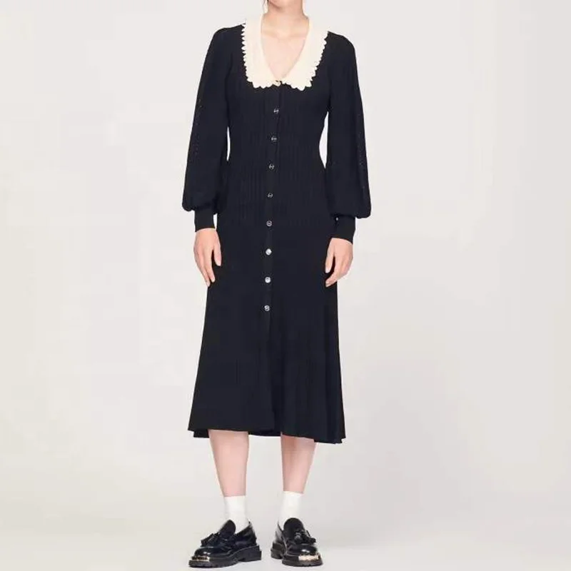 Женское трикотажное платье-миди с кружевным воротником и рукавами-фонариками