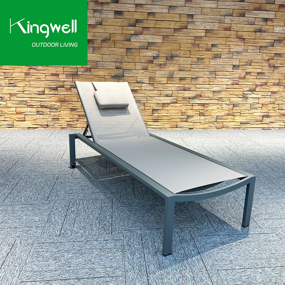 Elegant style outdoor furniture aluminum mesh fabric beach chaise lounge chair patio garden hotel sun lounger with cushion
