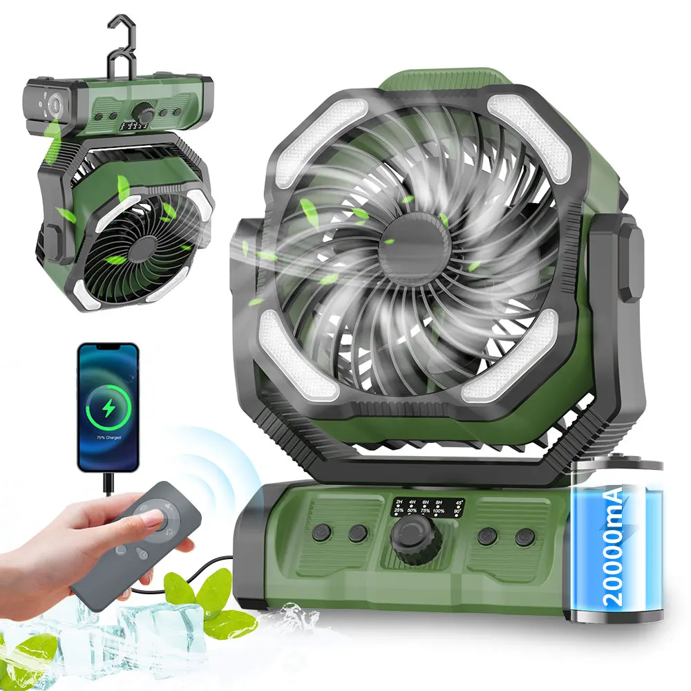 Double Motor Outdoor Fan 20000mAh Battery Tent Fishing Travel Table Fan With LED Lantern Portable Rechargeable Camping Fan