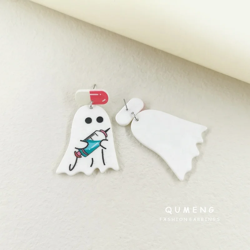 New Ins Cute Unique Funny Pill Capsule Ghost Doctor Syringe Acrylic Print Earrings For Women Medicine Fashion Halloween Jewelry