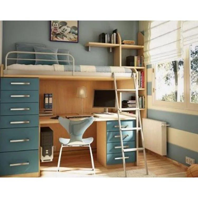 Good Selling Colorful Wood school dormitory double children bunk bed with desk wardrobe