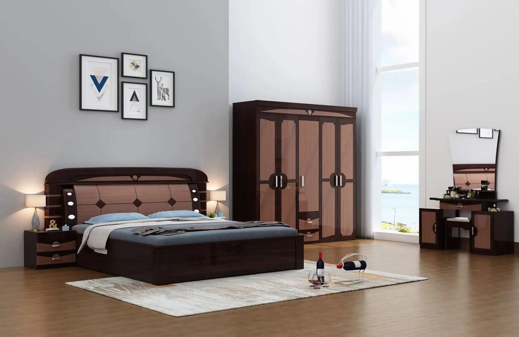 high glossy painting bedroom furniture set king size led  light and storage box bedroom sets 1.8m melamine bedroom furniture