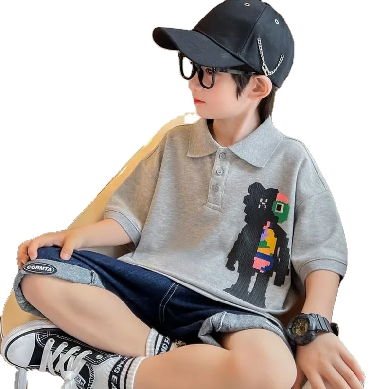 Children Summer Suit Short Sleeve Boys Clothing Korean Version Half Sleeve Cartoon Fashion Pullover Polo T-Shirt Shorts Clothing