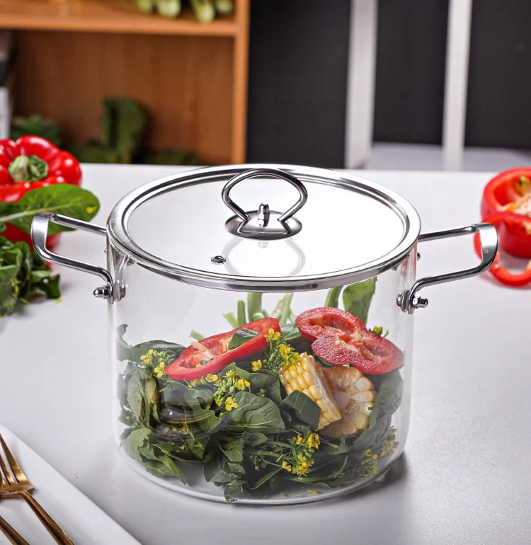 Hot selling big size clear double-ear cooking pot glass cookware set with stainless steel lid