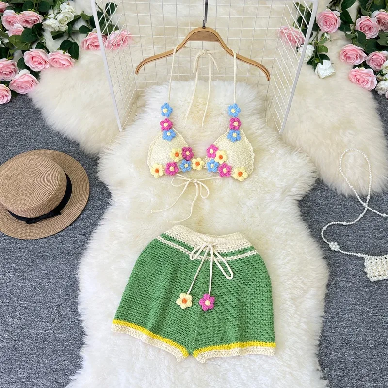 Sexy Women Halter Backless Crop Top+ Mini Knitted Short Flower Vacation Wear Hair Bow Summer 3 Piece Short Set