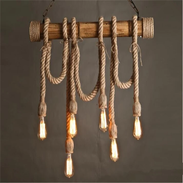 Good Sale Interior Project Restaurant Use Vintage Style Lighting Fixture Rope Pendant Lamp with Bamboo Parts