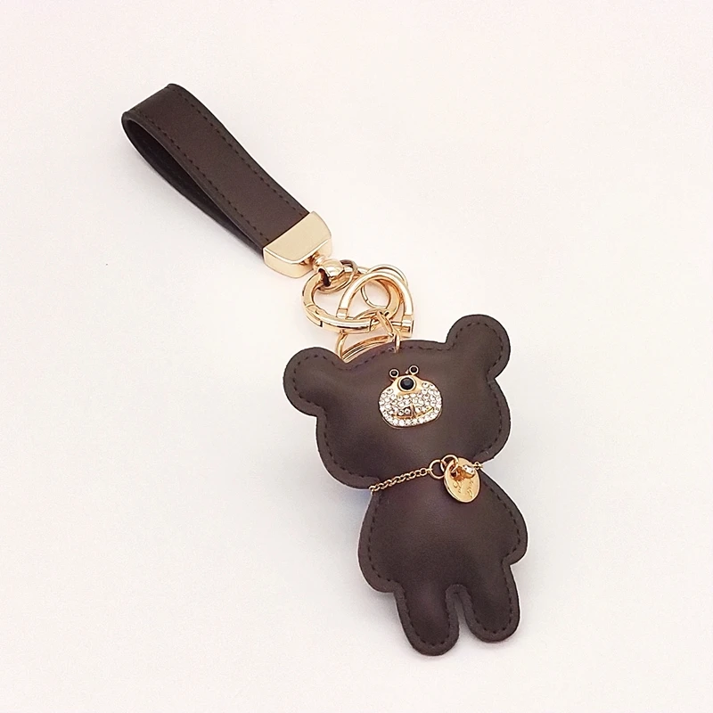 Luxury Brown PU Leather Small Mini Bling Key Ring Ornament Wholesale Bear Keychain with pompom
