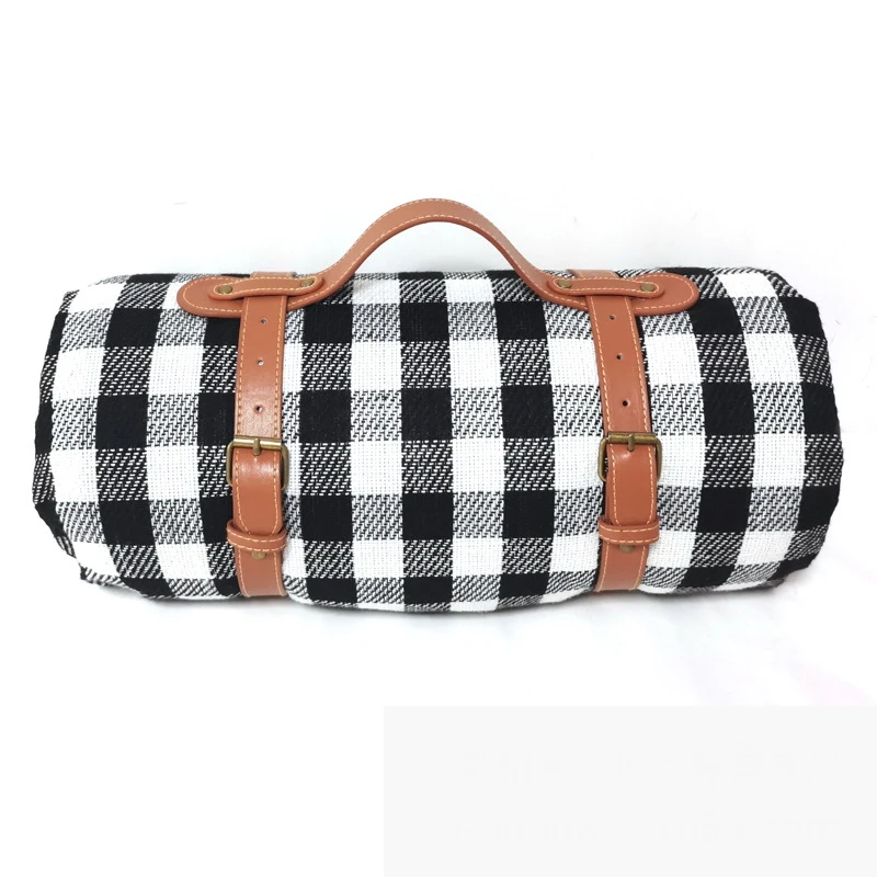 Thickened Acrylic Picnic Blanket Belt Handheld Outdoor Camping Blanket Multiple Classic Striped Plaid Velvet Camping Tent Mat