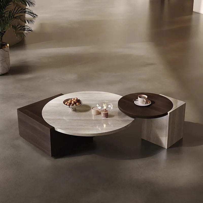 Italian Minimalist Designer Creative Living Room Wooden Round Coffee Table Set of 2 with Drawer Marble Stone Coffee Table Models